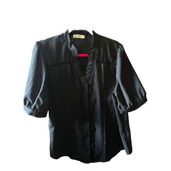 Grace Karin Women's Short Puff Sleeve Black Button Down V Neck Pleated Shirt XL - Picture 6 of 13